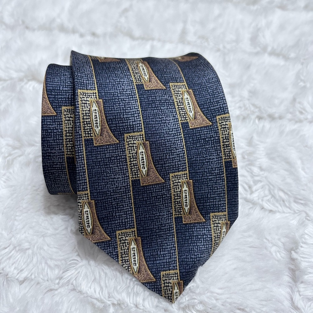 Bill Blass Black Label Navy Gold Brown Geometric Tie 100% Silk Made‎ in Canada